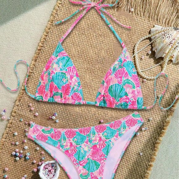 Multicolor Sexy Women's Shell Print Halter Tie Front Bikini Suit Set - Picture 1 of 4